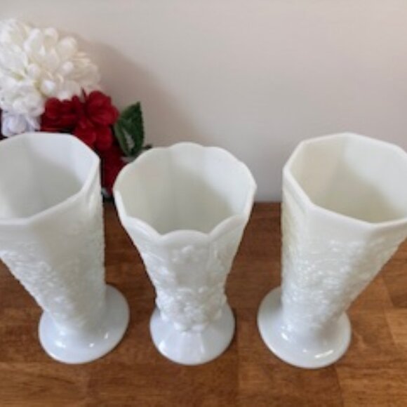 Vintage Milk Glass Vases Set – Grapevine Pattern Pedestal Vases White Floral Emb - Picture 3 of 6